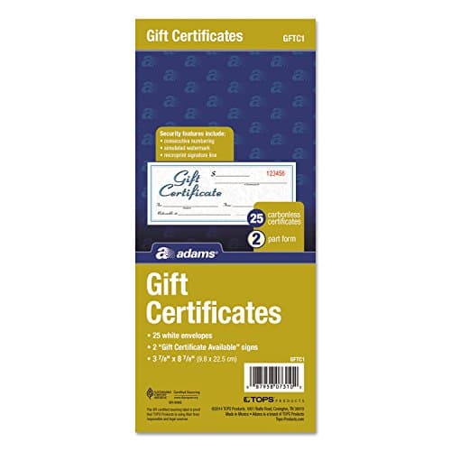 Adams Gift Certificate Book, Carbonless, Single Paper, 3.4 x 8 Inches, White/Canary, 2-Part, 25 Numbered Certificates Plus Store Sign (GFTC1)