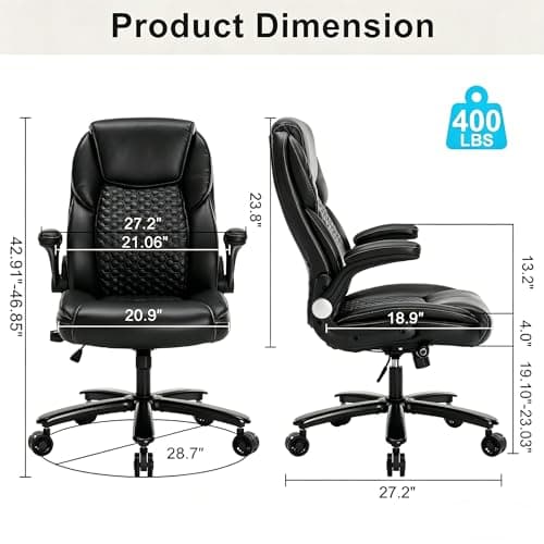 Big and Tall Ergonomic Office Chair, Executive Office Chair with Flip-up Arms, PU Leather Computer Desk Chair, Adjustable Lumbar Support Heavy Duty Space Saving Swivel Chair