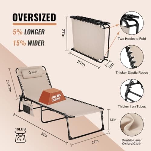 VILLEY Oversized Chaise Lounge Chair, Heavy-Duty Folding Outdoor Lounge Chair with 5 Adjustable Positions, Portable Trifold Beach Lounger for Patio, Beach, Lawn, Backyard, Camping – Beige