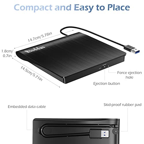 Rioddas External CD/DVD Drive for Laptop, USB 3.0 CD DVD Player Portable +/-RW Burner CD ROM Reader Writer Disk Duplicator Compatible with Laptop Desktop PC Windows Apple Mac Pro MacBook Linux