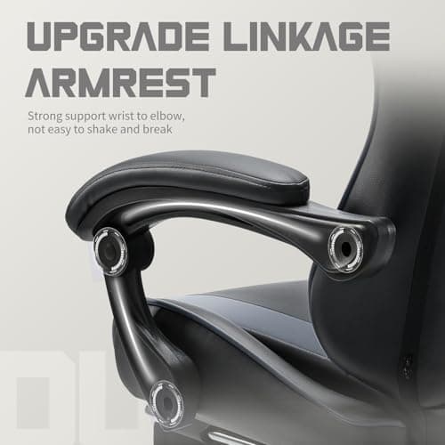 DUMOS Ergonomic Gaming Office Desk Chair with Footrest and Headrest for Adults, PU Leather Video Computer Chair with Linkage Armrests, Height Adjustable 360° Swivel Recling Chair, Black Grey