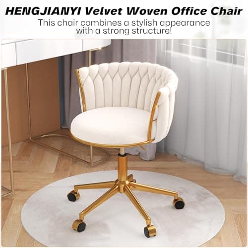 HENGJIANYI Velvet Woven Home Office Chair, Modern Swivel Desk Chair with Wheels, Height Adjustable Vanity Chair with Gold Metal Base and Hand Weaving Back, Beige