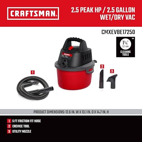 CRAFTSMAN CMXEVBE17250 2.5 Gallon 2.5 Peak HP Wet Dry Vac, Portable Shop Vacuum Wet and Dry with Filter Bag, Hose and Attachments for Cleaning in The Home