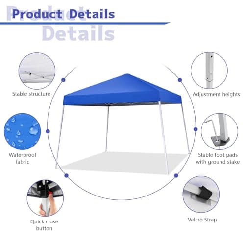 Oneofics Canopy Tent, 10X10 FT Pop Up Canopy Outdoor Instant Tent Slant Legs with Carrying Bag, Portable Gazebo Shelter for Patio Deck Garden and Beach - 8X8 FT Canopy Cover, Blue