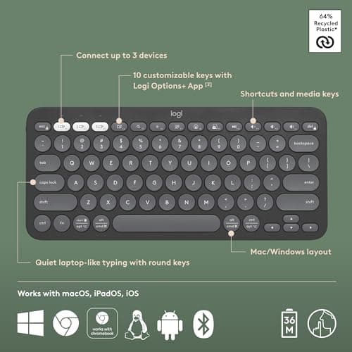 Logitech Pebble Keys 2 K380s, Multi-Device Bluetooth Wireless Keyboard with Customizable Shortcuts, Slim and Portable, Easy-Switch for Windows, macOS, iPadOS, Android, Chrome OS - Tonal Graphite
