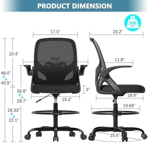 Kensaker Drafting Chair Tall Office Chair, Ergonomic Standing Desk Chair with Adjustable Foot Ring and Flip-up Armrests, Mesh Computer Chair for Art Studio, 300 LBS, Black