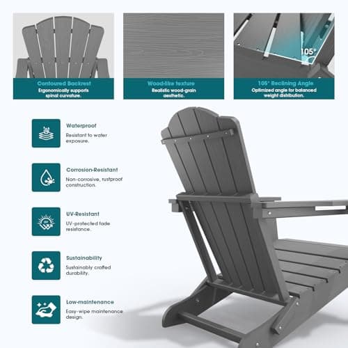 THOEOE Folding Adirondack Chair,HDPE All-Weather Outdoor Chair with Cup Holder,Wooden Textured,Fire Pit Chair,Plastic Patio Chair for Deck,Backyard,Garden,Lawn, Grey