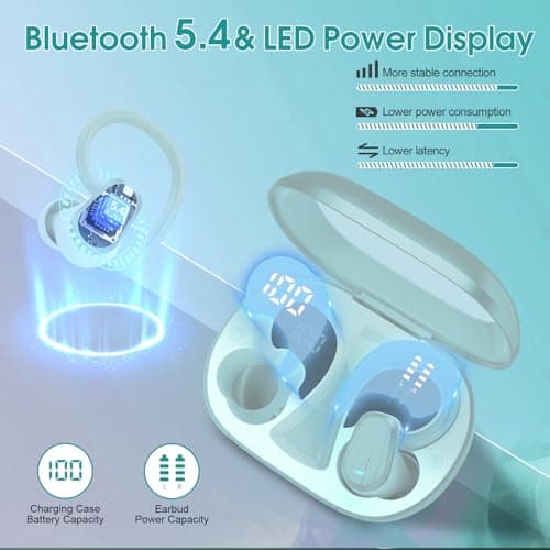 Wireless Earbuds, Headphones Sport Bluetooth 5.4, Over Ear Buds with ENC Noise Canceling Mic, Deep Bass Stereo Earphones with Hook, 50H, LED Display, IP7 Ear Buds for Workout Running, Light Green