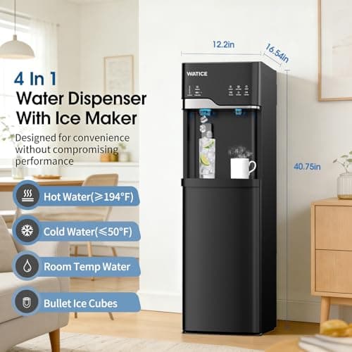 Self-Cleaning Water Dispenser with Ice Maker, Bottom Loading Hot & Cold Water Cooler for 3 or 5 Gallon Bottle - Child Safety Lock & Nightlight - Water Machine for Home, Office, Black
