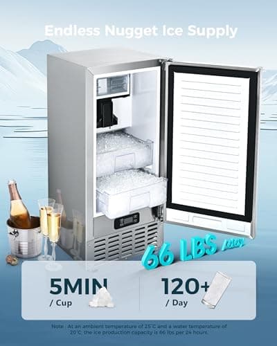 EUHOMY Under Counter Nugget Ice Maker Machine, 66Lbs/Day, Bulit-in Freestanding Ice Maker with Gravity Drainage, Self-Cleaning & 24H Timer Ice Machine, for Home Use(Silver)