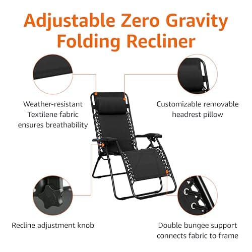 Amazon Basics Outdoor Patio Zero Gravity Portable Folding Reclining Lounge Chair with Padded Headrest Pillow, Weather Resistant Textilene, 26", Black