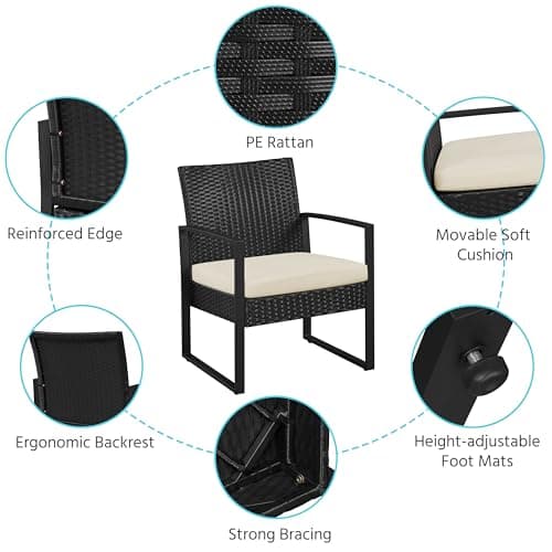 Yaheetech 3 Pieces Rattan Bistro Set, Outdoor Wicker Patio Modern Conversation Furniture, 2 Chairs & Tempered Glass Coffee Table for Garden, Balcony, Backyard, Poolside, Black/Beige