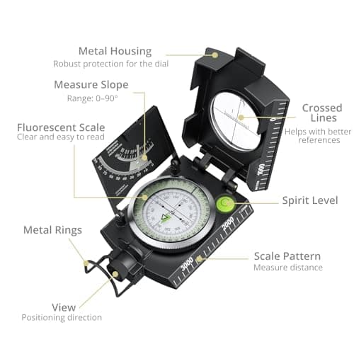 Anbte Compass Hiking Survival, IP65 Waterproof Metal Compass with Sighting Clinometer and Carry Bag, Multifunctional, Professional, for Camping Hunting Hiking Navigation