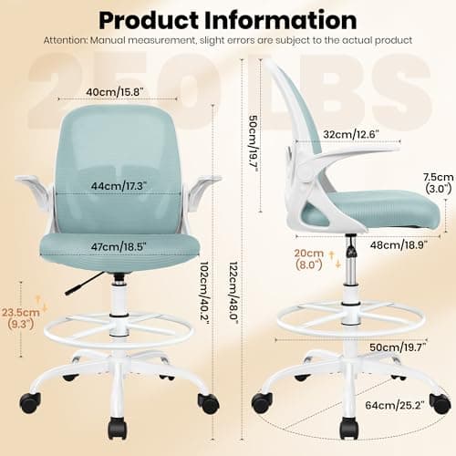 Primy Drafting Chair Tall Office Chair with Flip-up Armrests Executive Ergonomic Computer Standing Desk Chair with Lumbar Support and Adjustable Footrest Ring（Light Blue）