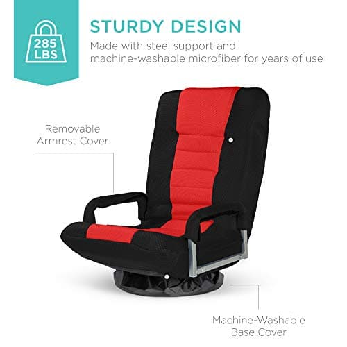 Best Choice Products Swivel Gaming Chair 360 Degree Multipurpose Floor Chair Rocker for TV, Reading, Playing Video Games w/Lumbar Support, Armrest Handles, Adjustable Foldable Backrest - Black/Red