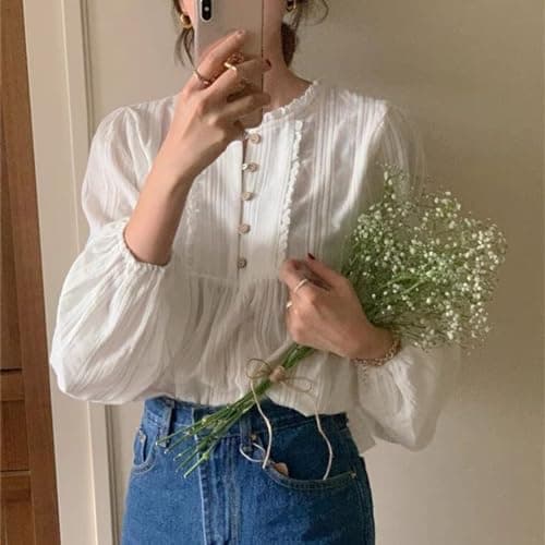 UICIOP Korean Version of Women's Shirt, Women's Sweet Round Neck Pleated Small lace top, Women's Long Sleeved Shirt top