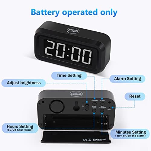 Timegyro Digital Alarm Clock Battery Operated with LED Display for Bedrooms, Long Battery Life for 12 Months, 3 Brightness Adjustable, 12/24 Hour, Snooze, Black Case with White Digits