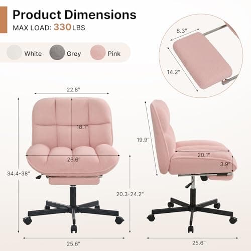 Criss Cross Office Chair with Foot Rest, Thick Cushioned Cross Legged Office Chair, Armless Wide Seat Reclining Desk Chair, Height Adjustable Criss Cross Chair for Home Office,Vanity, Pink