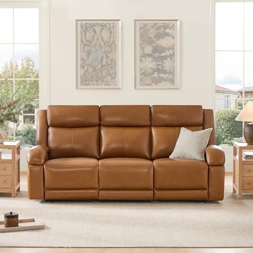 Watson & Whitely Genuine Leather Power Recliner Sofa, 3 Seater Wall Hugger Reclining Sofas with Power Headrest, USB & TypeC Ports, Electric Recliner Couch Set for Living Room, Saddle Brown