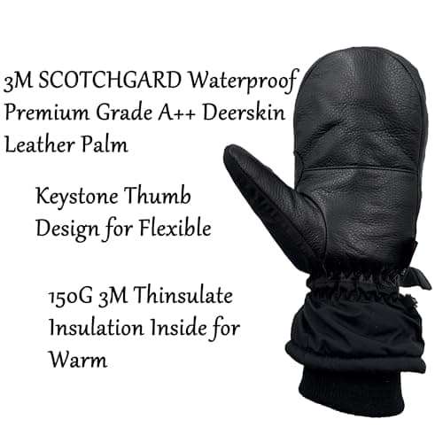 SKYDEER Waterproof Premium Deerskin Leather Ski Mittens with 150G 3M Thinsulate, Ultra Soft & Durable & Warm (SD8650M)