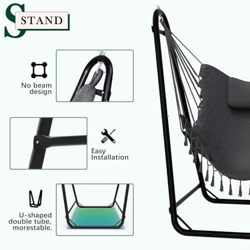 Unique U-Shaped Hammock Chair with Stand,Sturdy & Rust-Resistant,Free Gray Cotton Hammock Chair