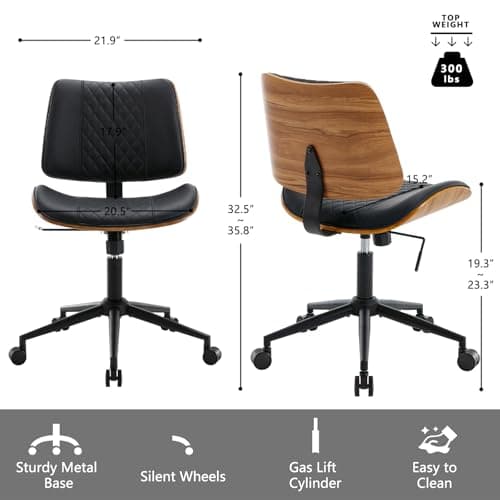 Home Office Chair No Arms with Wheels, Adjustable Height Small Desk Chair, PU Leather Mid Back 360 Swivel Computer Chair, Armless Modern Walnut Chair for Office, Reading Meeting Room(Black)