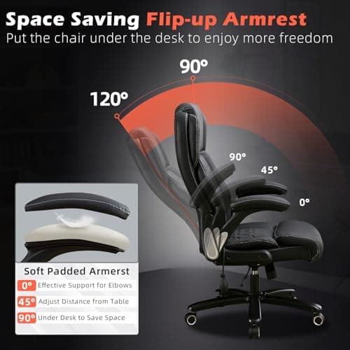 700lbs Big and Tall Office Chair - Heavy Duty Executive Desk Chair with Inflatable Lumbar Support, Extra Wide Padded Seat, Flip-up Arms, Metal Base & Quiet Rubber Wheels, High Back Ergonomic Chair