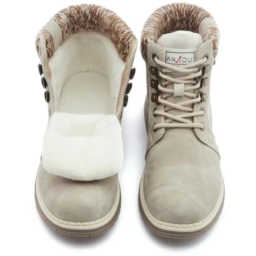 ANJOUFEMME Casual Winter Hiking Boots For Women - Womens Outdoor Snow Ankle Boots Waterproof Lightweight Lace up Fur Lined Walking Hiking Shoes