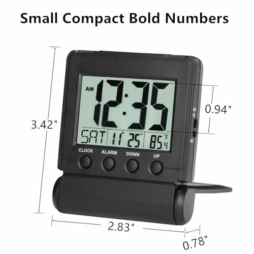 FAMICOZY Small Folding Digital Travel Alarm Clock with Day/Month/Date/Indoor Temperature,Easy to Read and Set,High/Low Alarm Volume,9 Min Snooze,Backlight on Demand,Bedside Calendar Alarm Clock,Black