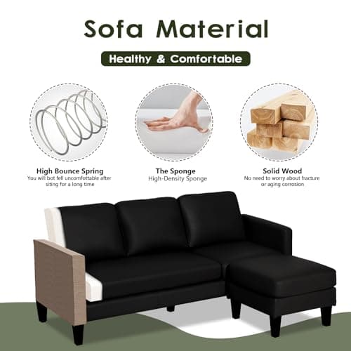 USSerenaY Faux Leather Sectional Couch, L Shaped Sofa with 3 Seater Couch and Reversible Chaise Convertible PU Leather Comfy Couches for Living Room (Black)