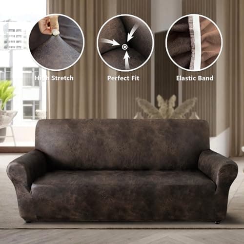 ANARACHON Sofa Cover, Couch Covers for Leather Couches, Stretch Sofa Covers with Leather-Like Texture, Washable, Non-Pilling, Non-Slip 1-Piece Couch Cover for Dogs, Cats and Kids (Sofa, Brown)