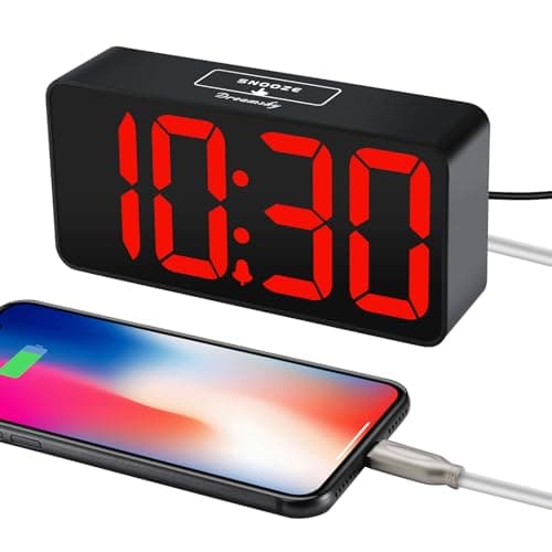 DreamSky Small Digital Alarm Clock for Bedroom, Large Big Numbers Display with Brightness Dimmer, Electric Bedside Desk Clock with USB Charging Port, Adjustable Alarm Volume, USB-C Adapter Powered