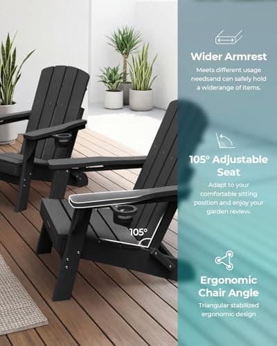 Folding Adirondack Chair, HDPE All-Weather Fire Pit Chairs, Plastic Adirondack Chairs with 2 Cup Holder, Outdoor Lawn Chair for Patio Garden (Black)