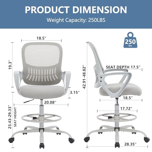 DUMOS Drafting Chair - Ergonomic Tall Office for Standing Desk, Counter with Height Adjustable and Comfortable Lumbar Support, Fixed Armrests, Grey