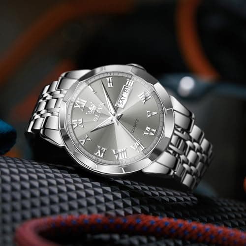 OLEVS Mens Silver Watches Luxury Waterproof Silver Watch for Men Analog Quartz Stainless Steel Men's Dress Watches Classic Casual Wrist Watch Large Face with Date Relojes para Hombres