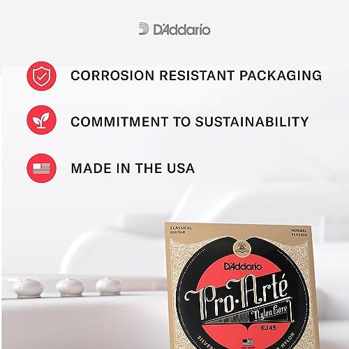 D'Addario Pro Arté Nylon Classical Guitar Strings, EJ45, Normal Tension, 6-String Set, Pack of 1