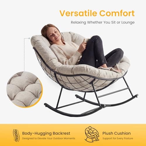 NEWBULIG Outdoor Patio Rocking Chair with 5.5" Thick Cushion, Oversized Egg Lounge Chair, 450 Lbs Heavy Duty, Water-Repellent Fabric, for Garden, Porch, Living Room