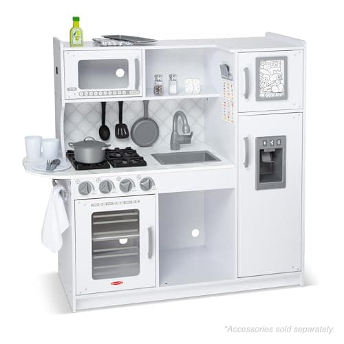 Melissa & Doug Wooden Chef’s Pretend Play Toy Kitchen with “Ice” Cube Dispenser – Cloud White, Kids Kitchen Play Set, for Toddlers and Kids Ages 3+ - FSC Certified