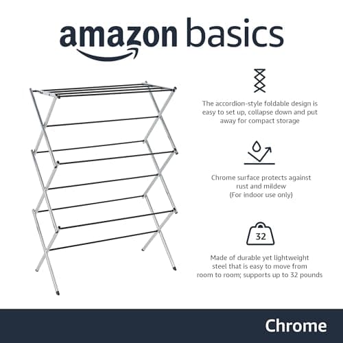 Amazon Basics Foldable Portable Laundry Drying Rack for Indoor Air Drying Clothing, 14.5 x 29.5 x 41.8 inches (LxWxH), Chrome Silver