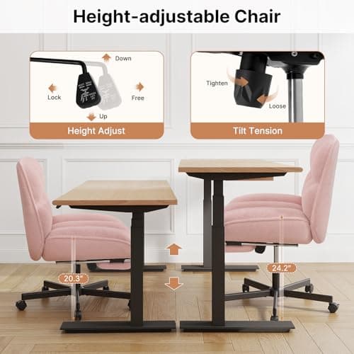 Criss Cross Office Chair with Foot Rest, Thick Cushioned Cross Legged Office Chair, Armless Wide Seat Reclining Desk Chair, Height Adjustable Criss Cross Chair for Home Office,Vanity, Pink