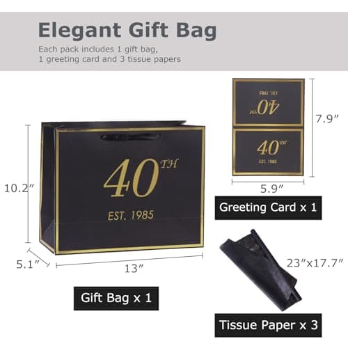 momoake 40th Birthday Gift Bag with Card and Tissue Paper for Men Women, 1985 40 Year Old 13" Elegant Black Gold Anniversary Keepsake Party Present Shopping Paper Bags for Gifts Wrapping (1985 40th)