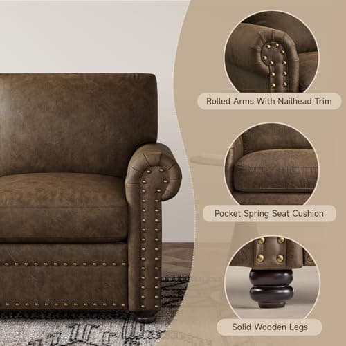ONBRILL Faux Leather Sofa, 84 Inches Nailhead Trim Couch for Living Room, Mid-Century Modern Deep Seat Sofa with Rolled Arms, Classic 3 Seater Couch for Apartment, Office, Brown