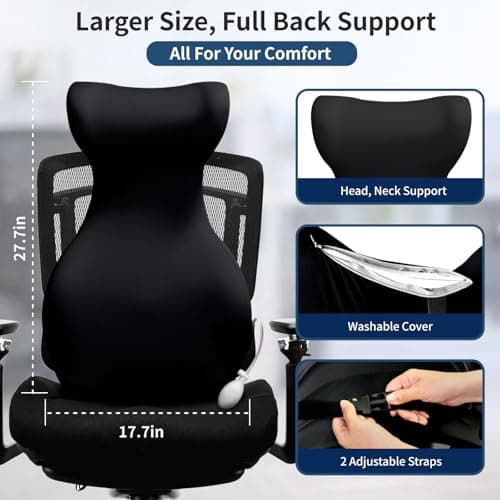 27.7'' Adjustable High Lumbar Support Pillow for Office Chair, Full Back Support Pillow for Upper Lower Back Pain Relief, Memory Foam Lumbar Cushion for Desk, Gaming Chair, Couch, Improves Posture