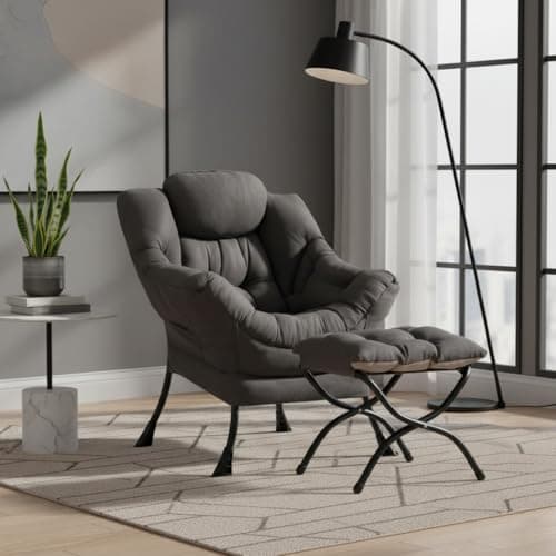 Lazy Chair with Ottoman, Modern Accent Chair Contemporary Sofa Chair with Armrests, Reading Chair and Folding Footstool Set for Living Room, Bedroom, Office, Dark Grey
