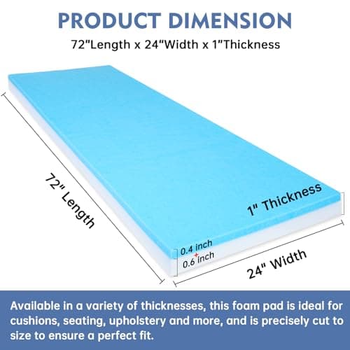 Upholstery Foam, 72" x 24" x 1" High Density Gel Memory Foam Padding Couch Cushion Support, Cut to Size Foam Replacement Pad for Sofa Sag Support