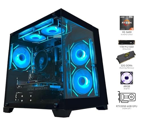 SKYESEV Gaming Desktop Computer PC,AMD Ryzen 5 5600,RTX3050 6GB,32GB RAM and 1TB M.2 NVMe PCle,ARGB Fan,WiFi,Game Design Office Console,Sea View Room,Prebuilt Gaming PC Tower