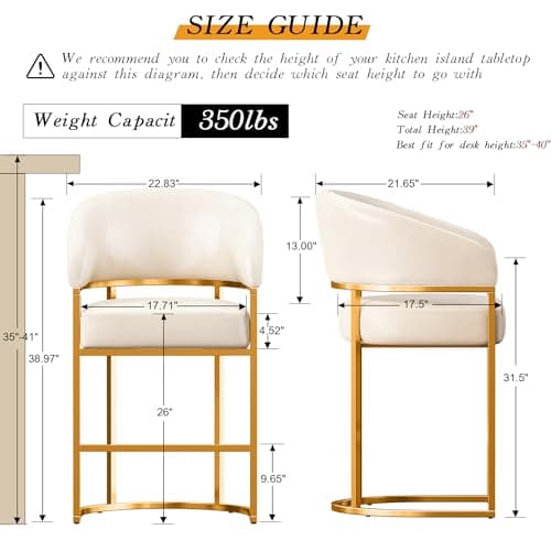 Modern Counter Height Bar Stools,Bar Stools Set of 3,PU Leather Upholstered Barrel Barstools with Backs,26" Kitchen Island Chairs,Metal Gold Frames,Beige White Leather