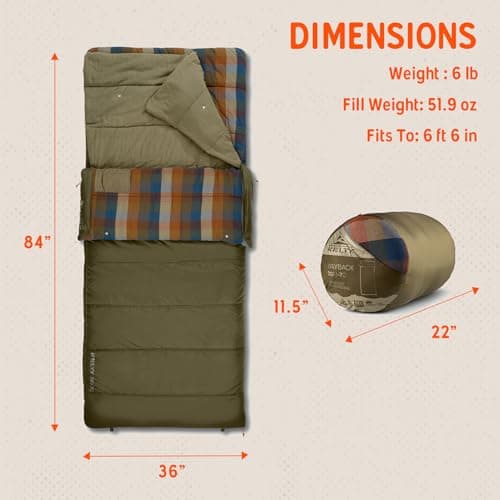 Kelty Wayback Flannel Lined Sleeping Bag, Built in Blanket, Traditional Rectangle Shape, Organic Flannel Cotton Liner, Dual Locking Slide Zips