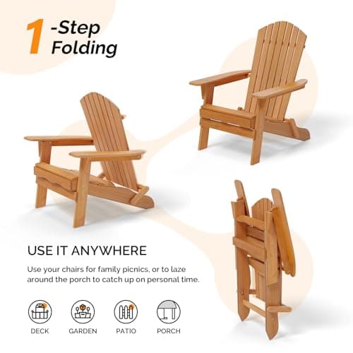 VINGLI Folding Adirondack Chairs Set of 4, Wood Adirondack Chair for Outdoor, Foldable Fire Pit Chairs for Patio, BBQ, Porch, Yard, Pool