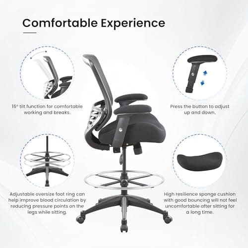 BOLISS 400lbs Mid Back Mesh Ergonomic Drafting Chair for Standing Desk Office Wide Chair Built-in Lumbar Support Big Adjustable Foot Ring Height Adjustable Armrest (Black)